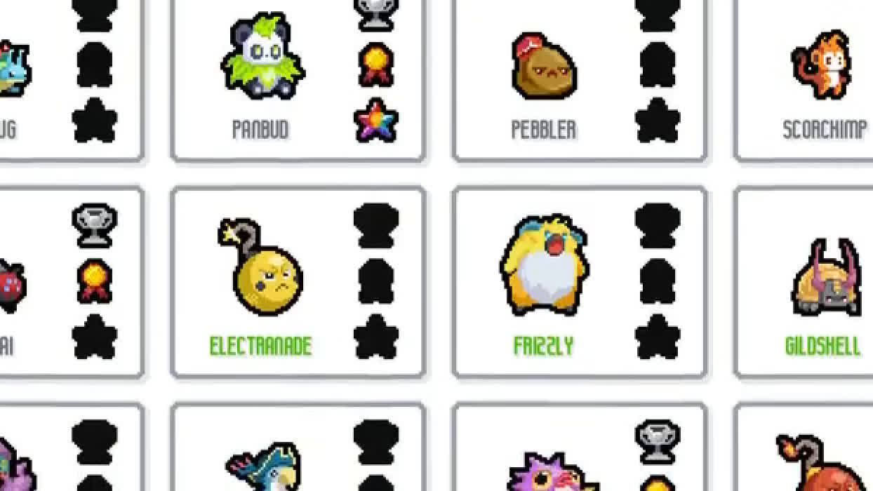 The Batopedia collection grid from the game’s official store loop video: the boulder-like Pebbler centered with its three empty achievement-sticker slots, Panbud beside it showing earned Trophy, Medal and Star stickers, and Electranade, Freezly and Gildshell below