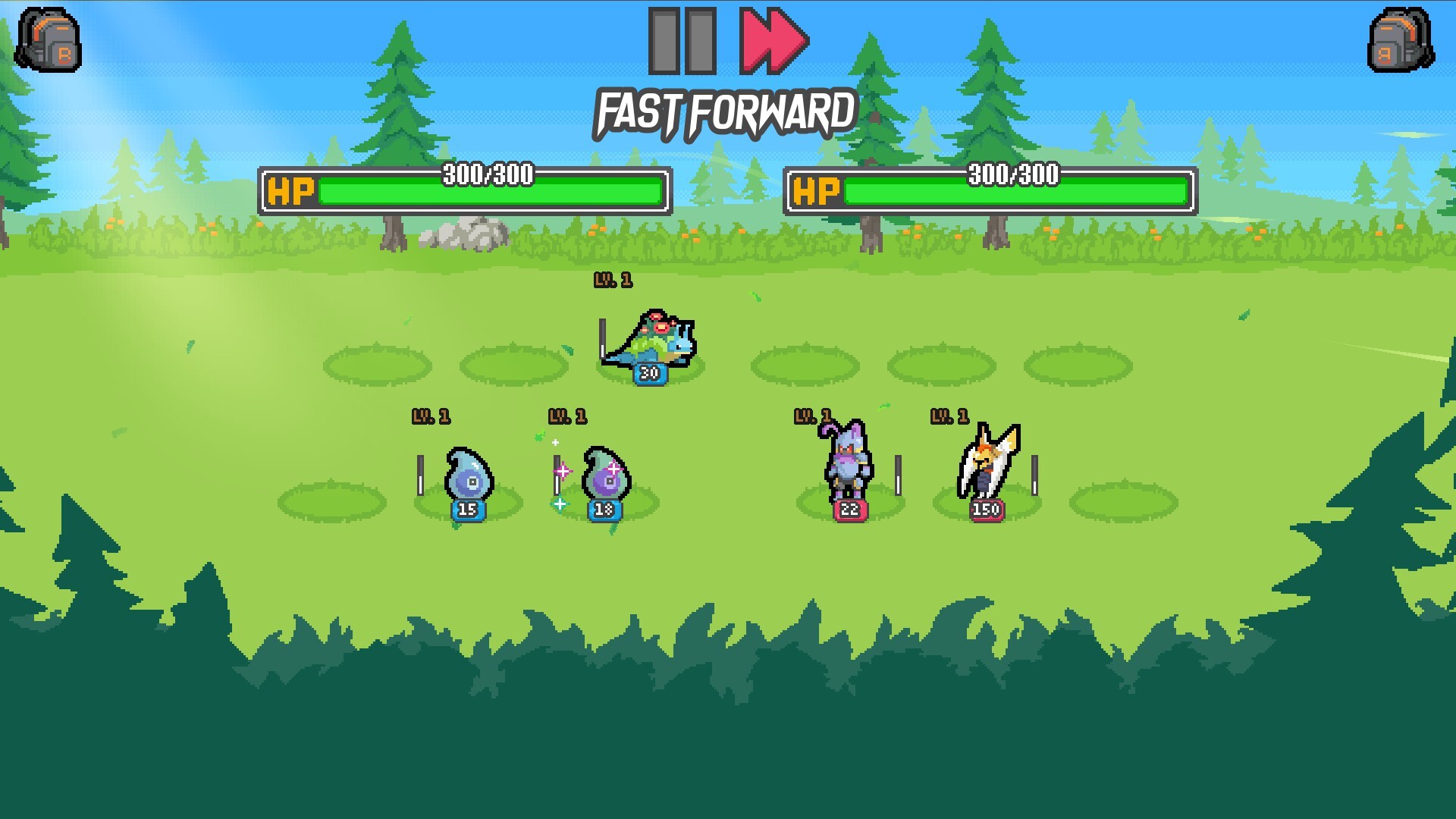 A battle from the release build: two 300/300 HP bars over a grass field, five level-1 monsters lined up in two lanes, and a large FAST FORWARD button at the top of the screen