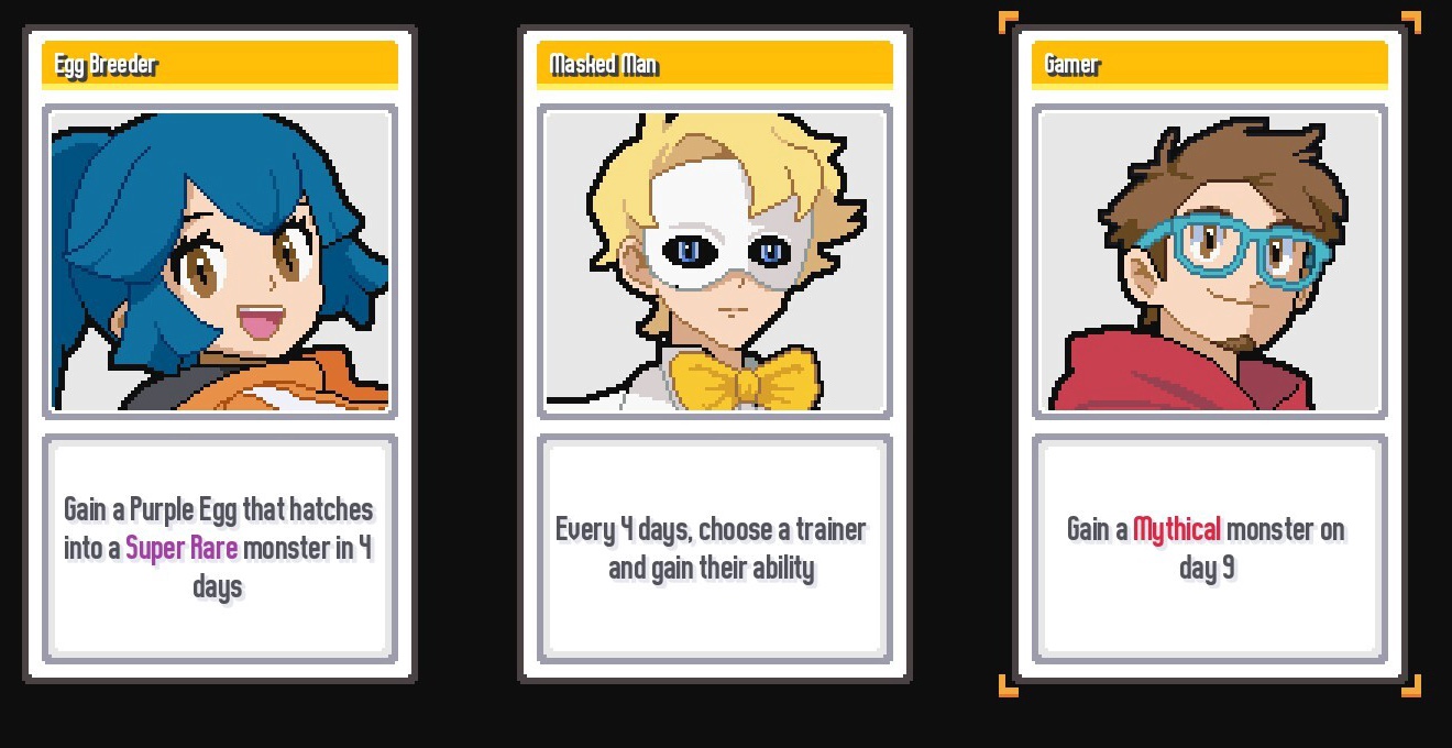 The trainer select screen in the game’s official store screenshot: three trainer cards, with the Gamer card reading “Gain a Mythical monster on day 9” and Mythical highlighted in red, between Egg Breeder and Masked Man