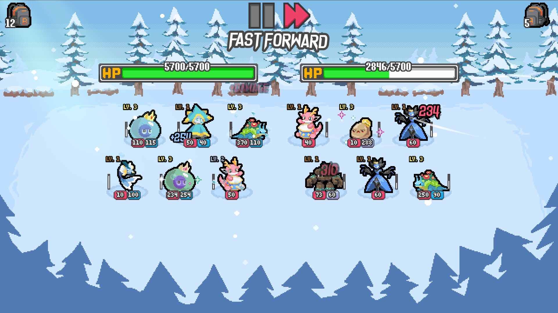 A late-game battle in a snow-field arena: both team HP bars read 5700 while Level 3 Batomon trade hits with damage numbers as high as 910
