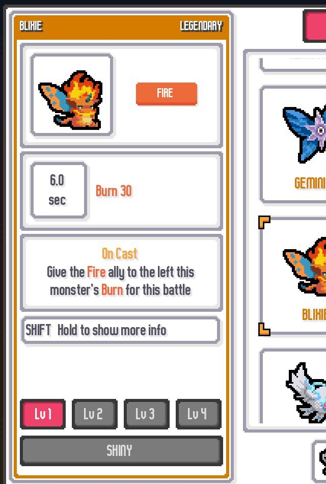 The Batopedia inspect panel in the game’s official store screenshot: the Legendary Fire monster Blixie with its ability text, level selector buttons Lv 1 through Lv 4, and a SHINY button beneath them